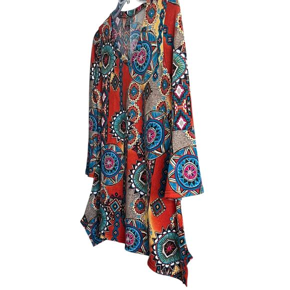 WIN WIN LONG SLV V-NECK FLARE BOTTOM TUNIC, WOMENS, L-XL, MULTICOLORS, ABSTRACT - Picture 4 of 12